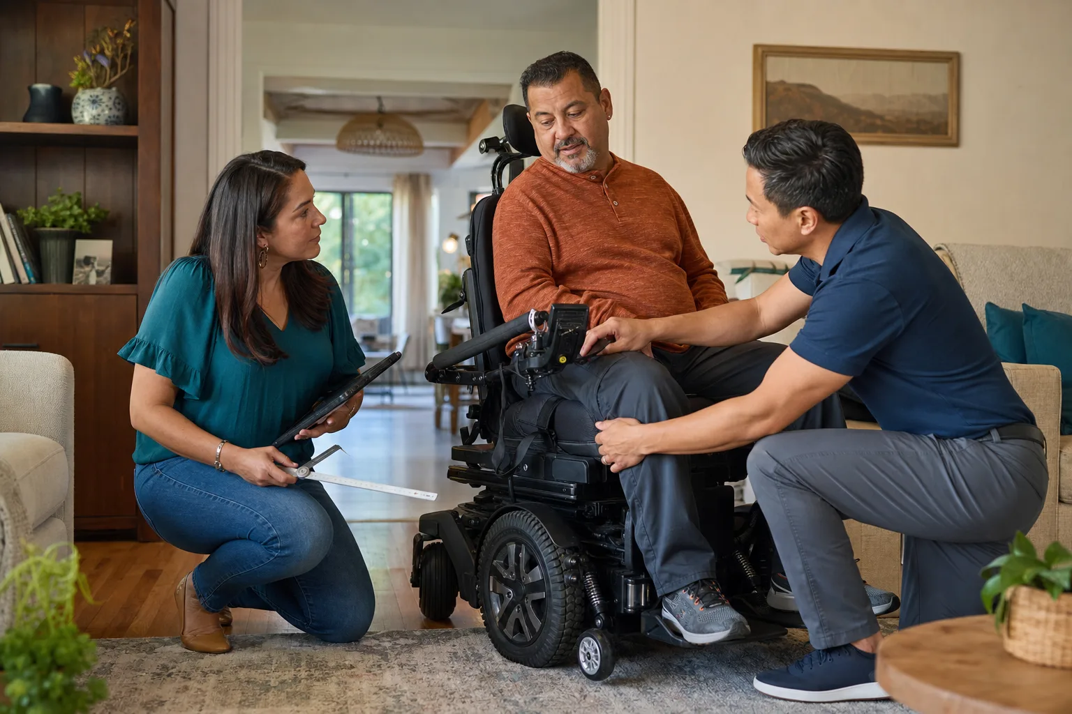 A wheelchair user collaborating with an assistive technology professional and therapist during an at-home evaluation